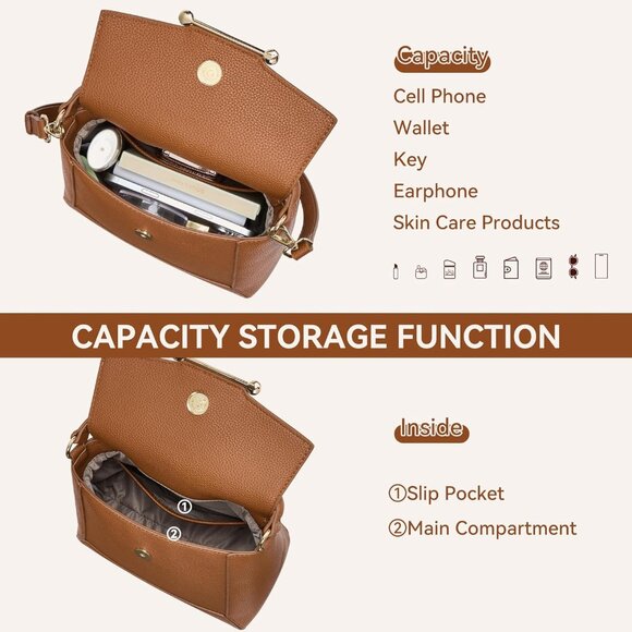 Small Vegan Leather Cream Crossbody Bag Women with Flap and Top Handle Design - Picture 3 of 5